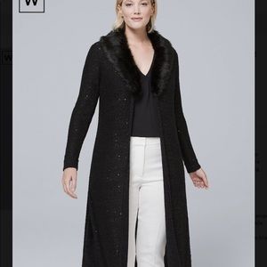 White House black market Sequin duster with fur, black size xxsp
